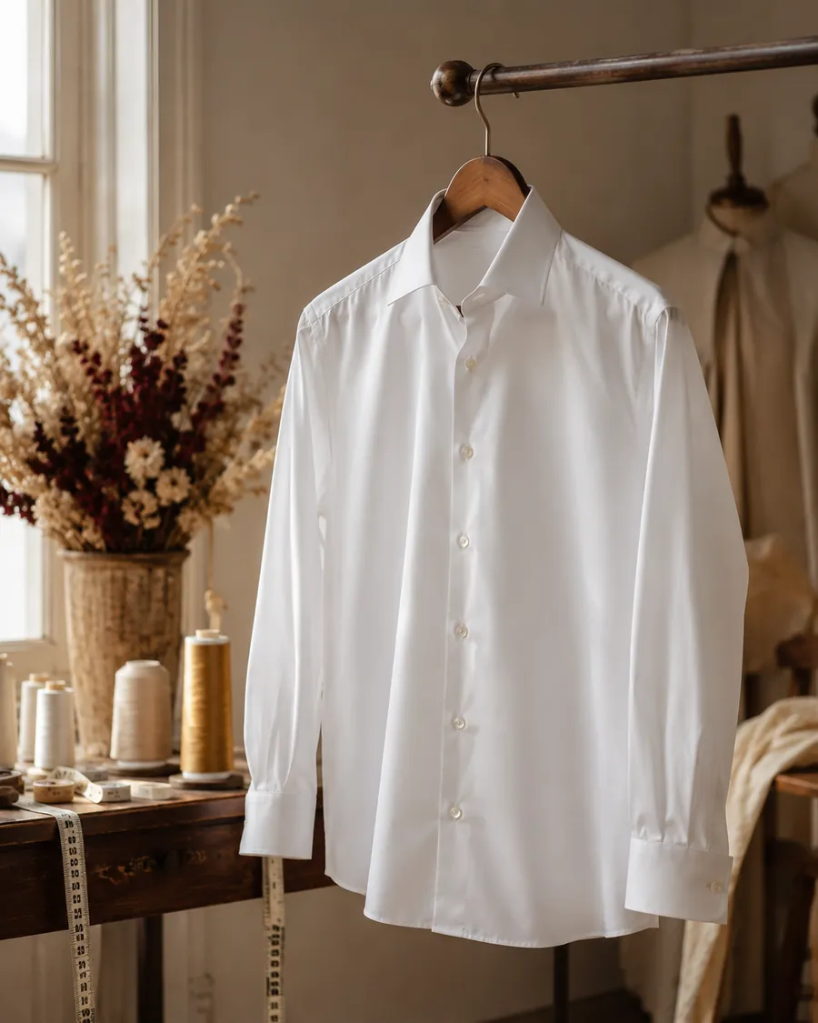 Camisa blanca a medida en popelín de algodón colgada en el taller de Málaga